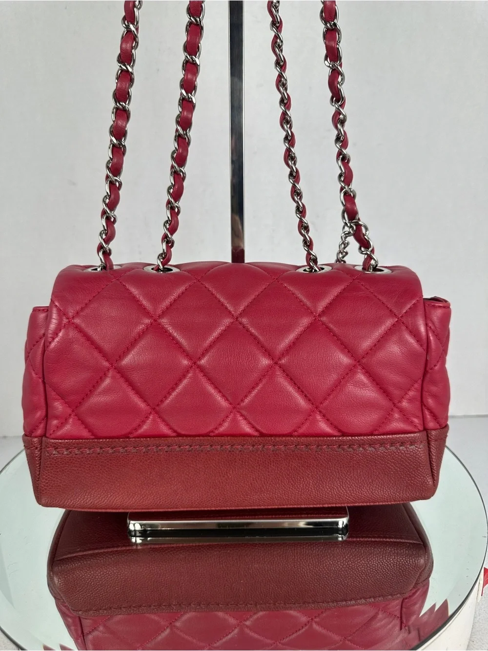 Chanel Red Quilted Calfskin Caviar Leather Flap Shoulder Bag Silver CC Charm
